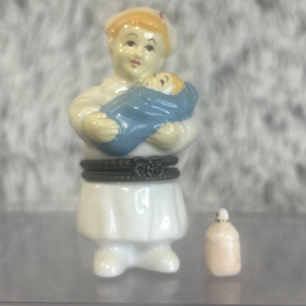 Vintage Porcelain Limoges Trinket Box Rare Nurse Holding Baby
